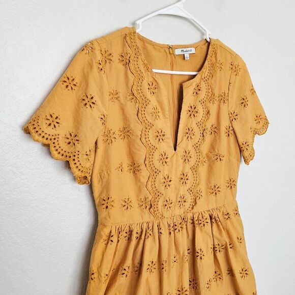 Madewell | Scalloped Eyelet Midi Dress Marigold Mustard Yellow, Womens 8 - Picture 6 of 9